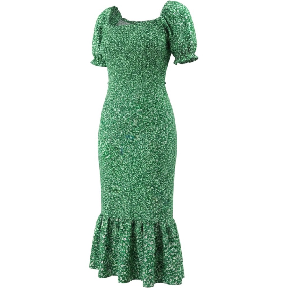 PrettyGarden Green Floral Smocked Midi Dress Womens Large Puff Sleeve MermaidHem
